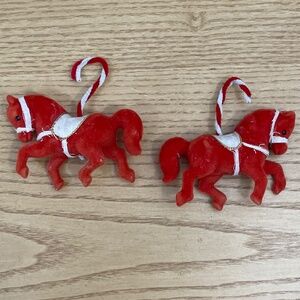 Vintage Red Flocked Carousel Horse Ornament Set of 2 Mid Century Modern 3.5"